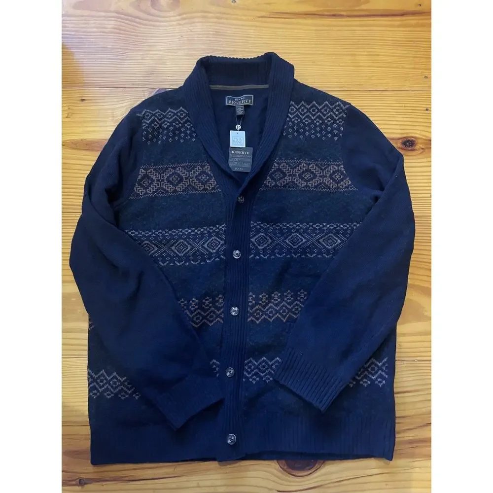 Jos A Bank Wool Navy Blue Fair Isle Grandpa Cardigan Sweater Pockets XL NWT